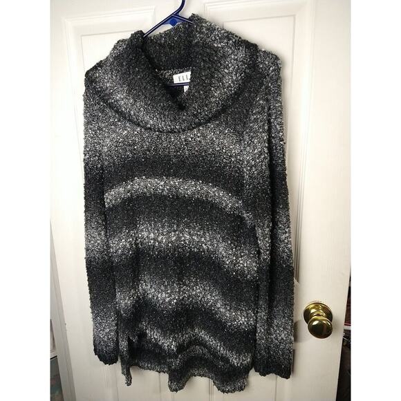 Elle Woman L Sweater Tunic Black White Striped Raised Knot Long Sleeve - Picture 1 of 9